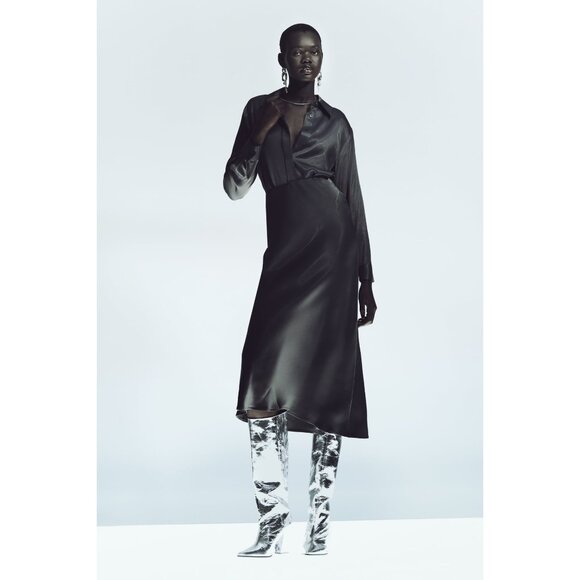 Zara Space Grey Silky Midi Skirt - Picture 2 of 9